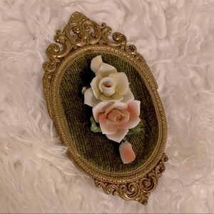 Vintage FBAI Small Porcelain Flower Mounted in Ornate Gilt Hanging Frame